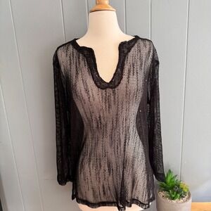 J Valdi Black Sheer Open Knit Sequin Tunic Top S Flare Sleeve V-Neck WhimsyGoth